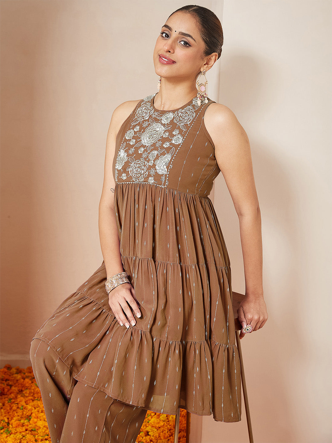 Janasya Women's Brown Georgette Embellished Tiered Kurta With Palazzo Set