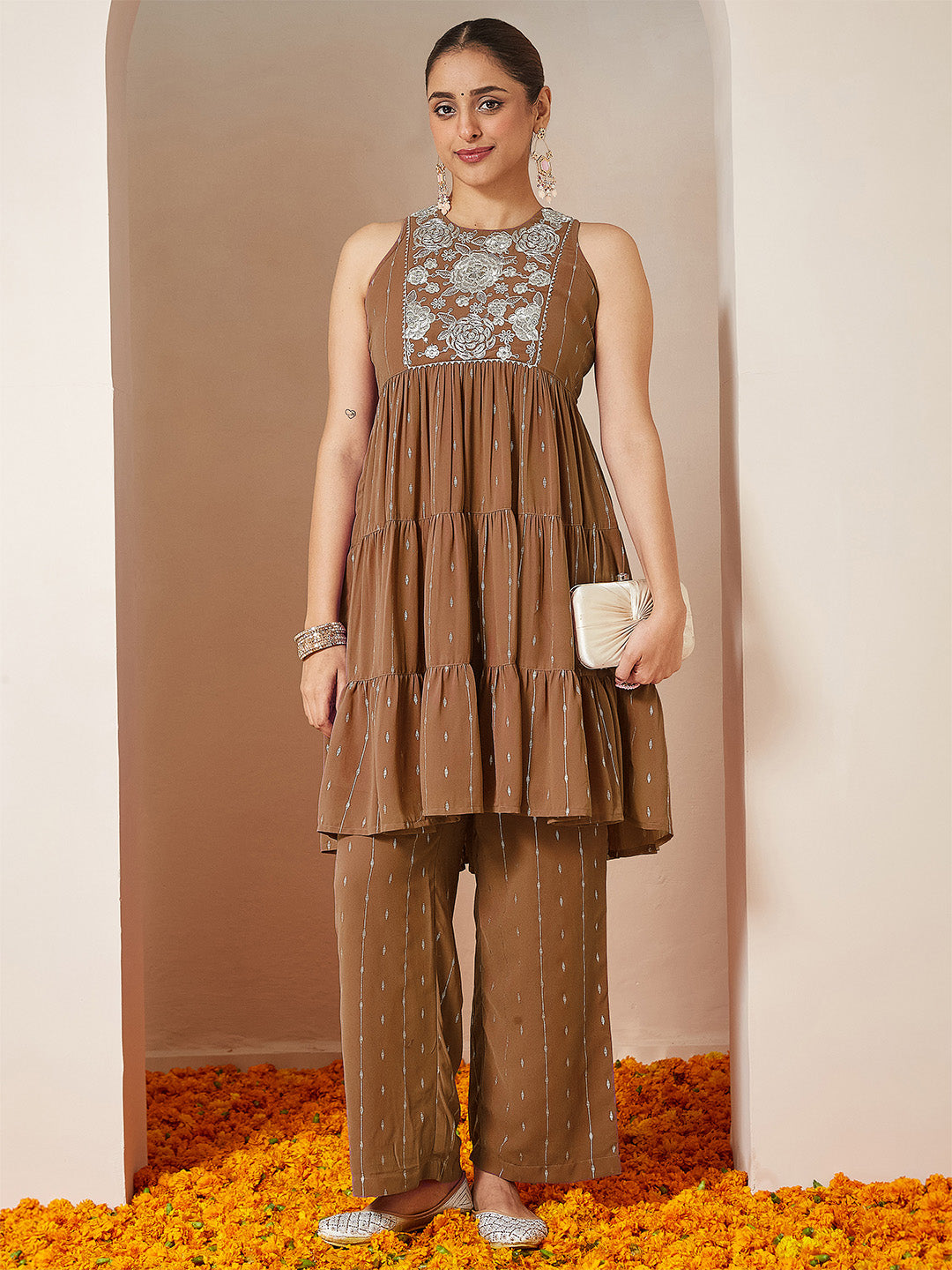 Janasya Women's Brown Georgette Embellished Tiered Kurta With Palazzo Set