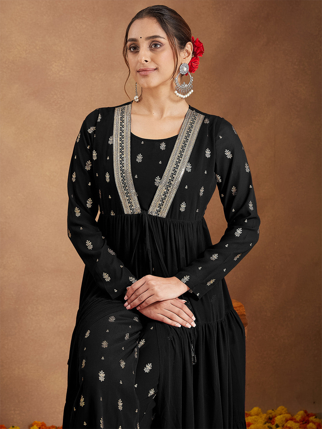 Janasya Women's Black Georgette Embellished Foil Printed Front-open Tiered Kurta Pant Set