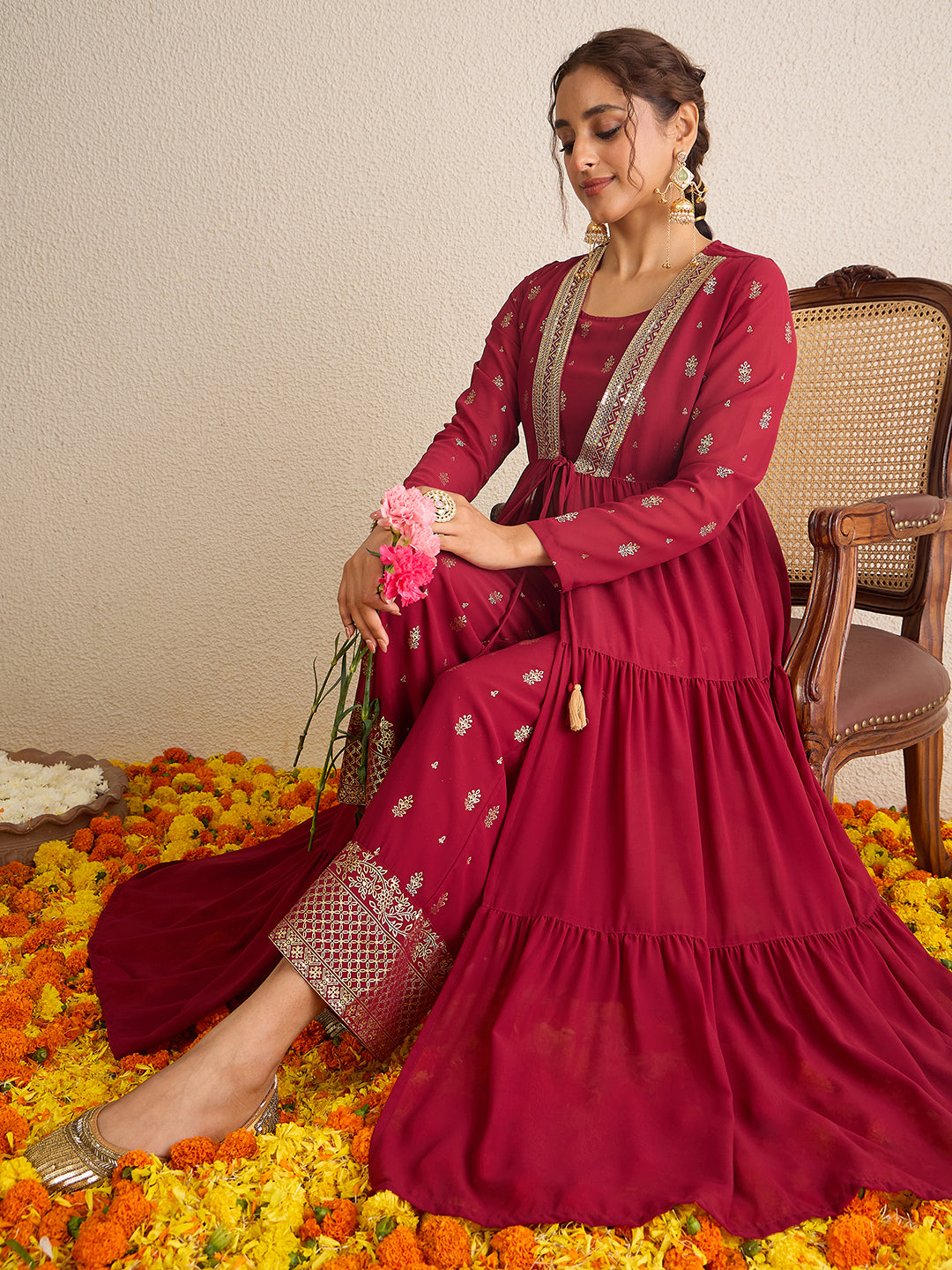 Janasya Women's Maroon Georgette Embellished Foil Printed Front-Open Tiered Kurta with Pant Set