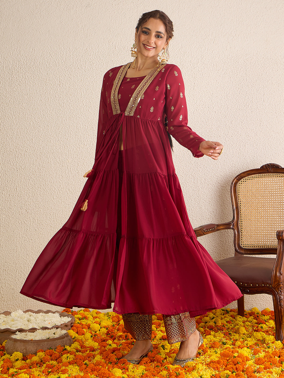 Janasya Women's Maroon Georgette Embellished Foil Printed Front-Open Tiered Kurta with Pant Set