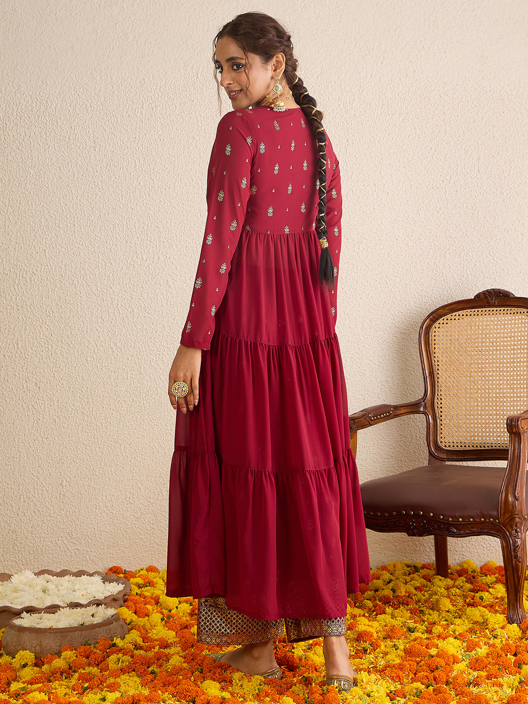 Janasya Women's Maroon Georgette Embellished Foil Printed Front-Open Tiered Kurta with Pant Set