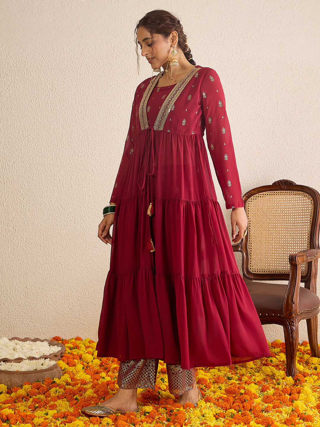 Janasya Women's Maroon Georgette Embellished Foil Printed Front-Open Tiered Kurta with Pant Set