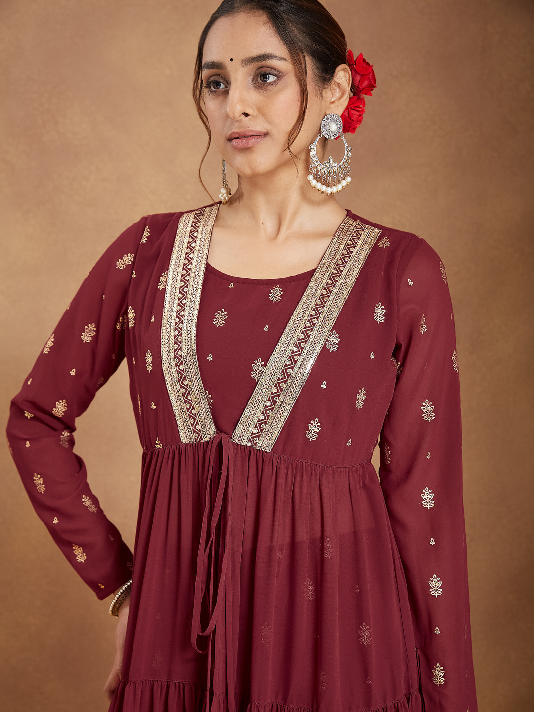 Janasya Women's Maroon Georgette Embellished Foil Printed Front-open Tiered Kurta Pant Set