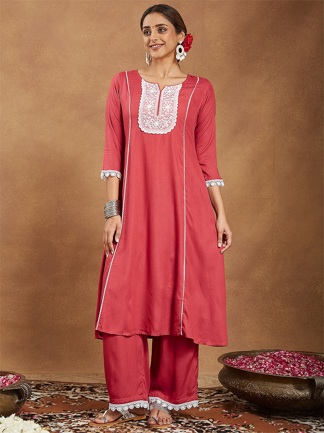 Janasya Women's Rust Rayon Yoke Embroidered A-line Kurta With Palazzo Set