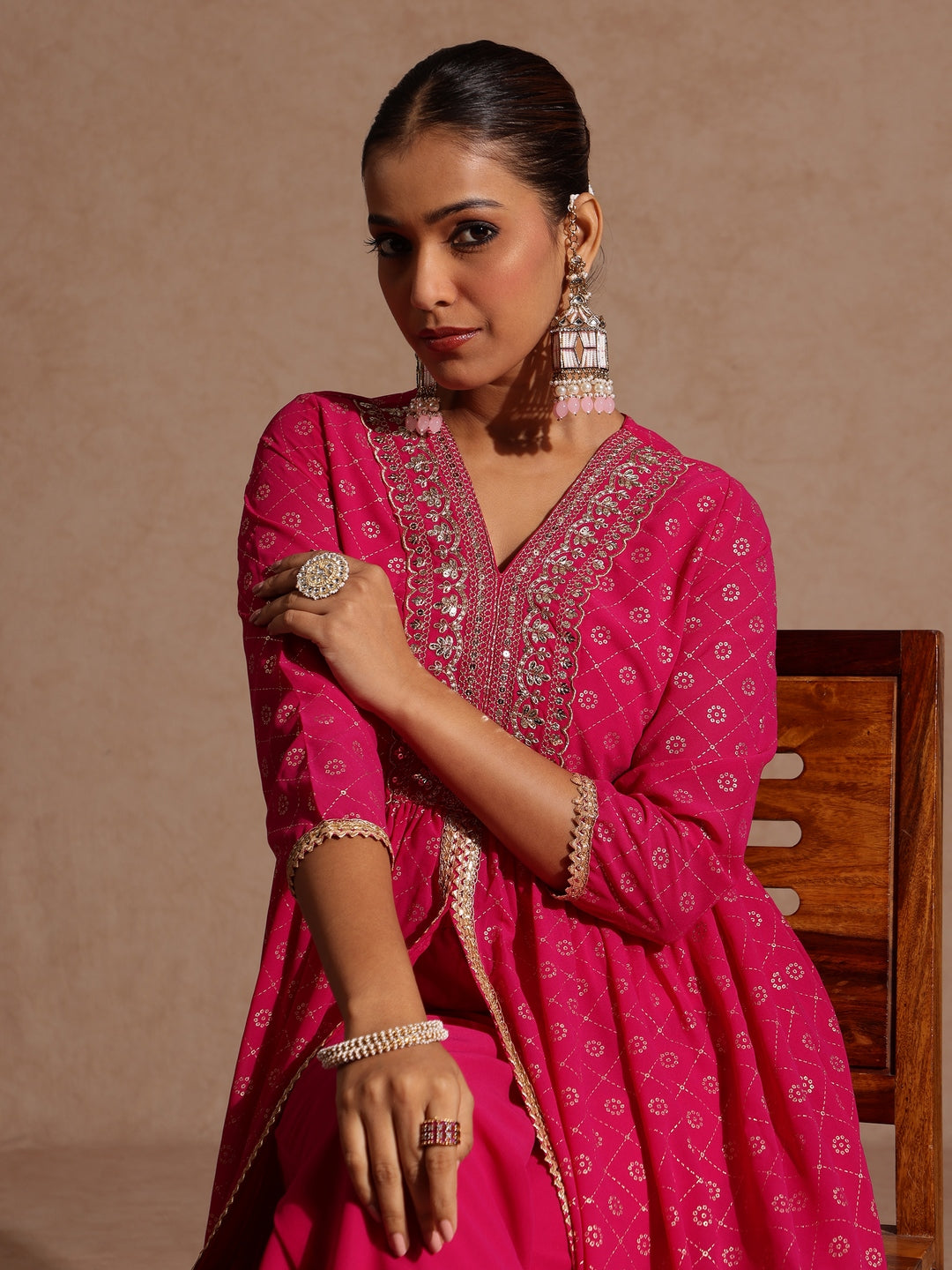 Janasya Women's Pink Georgette Foil Printed Embellished A-line Front-open Kurta With Palazzo Set