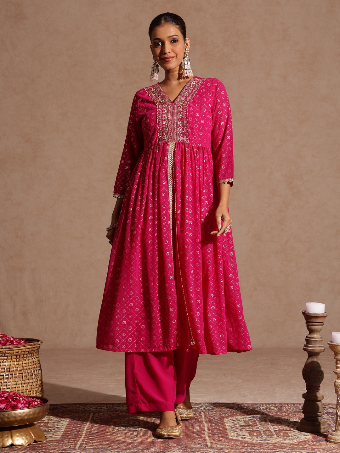 Janasya Women's Pink Georgette Foil Printed Embellished A-line Front-open Kurta With Palazzo Set