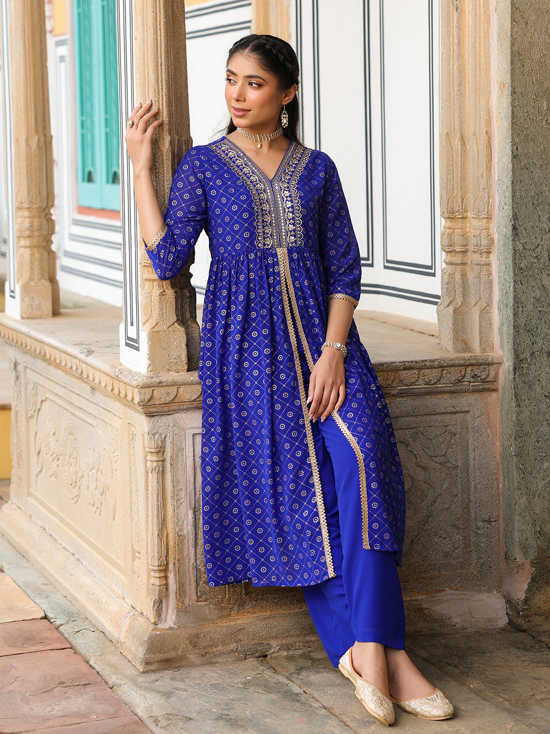 Janasya Women's Royal Blue Georgette Foil Printed Embellished A-line Front-slit Kurta With Palazzo Set
