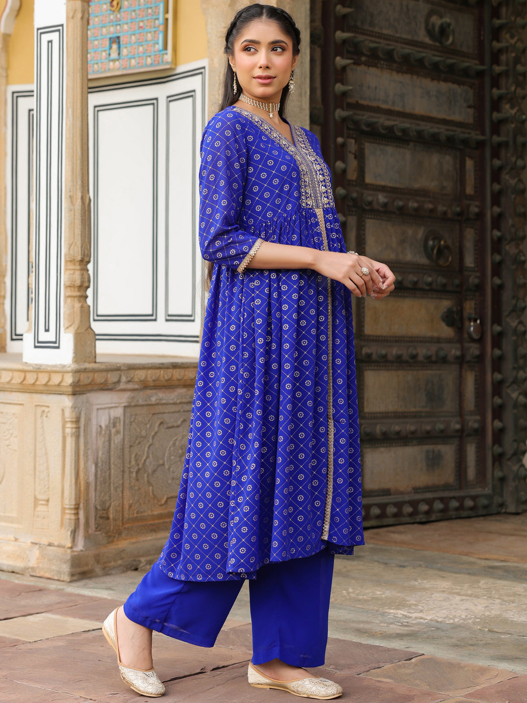 Janasya Women's Royal Blue Georgette Foil Printed Embellished A-line Front-slit Kurta With Palazzo Set