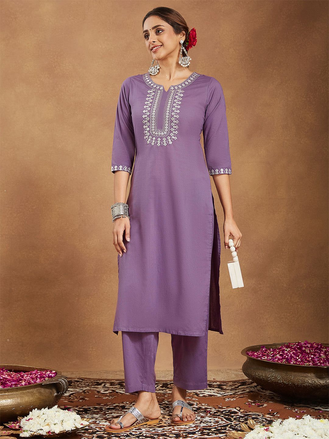 Janasya Women's Lavender Pure Cotton Yoke Embroidered Straight Kurta Pant Set