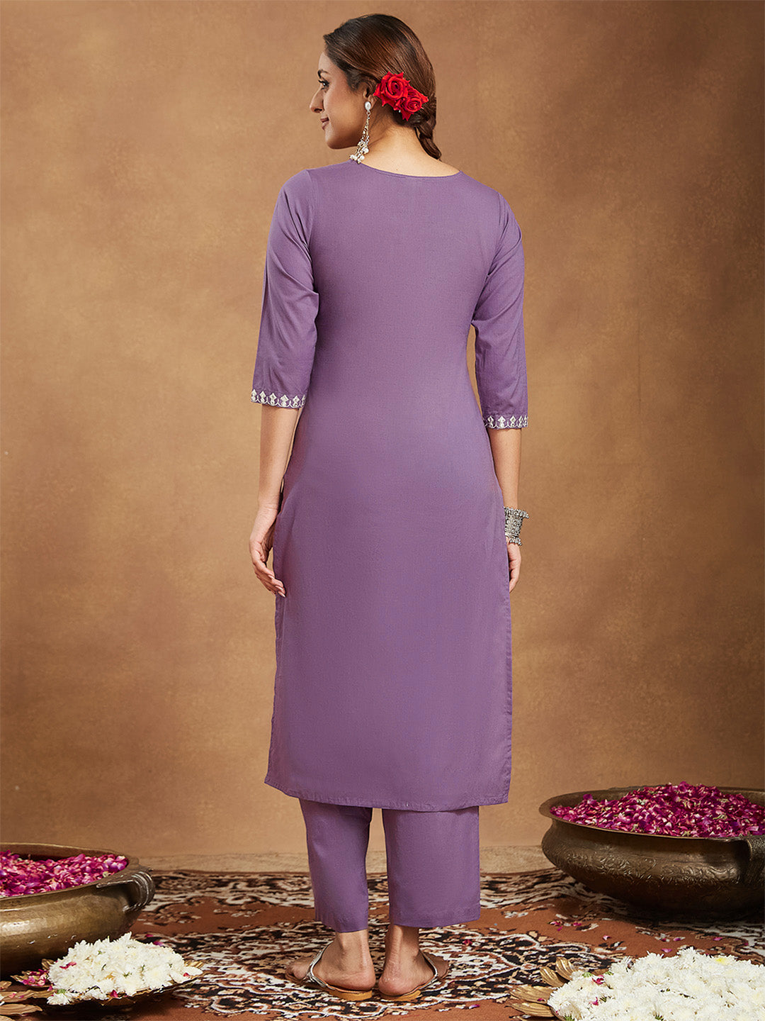 Janasya Women's Lavender Pure Cotton Yoke Embroidered Straight Kurta Pant Set
