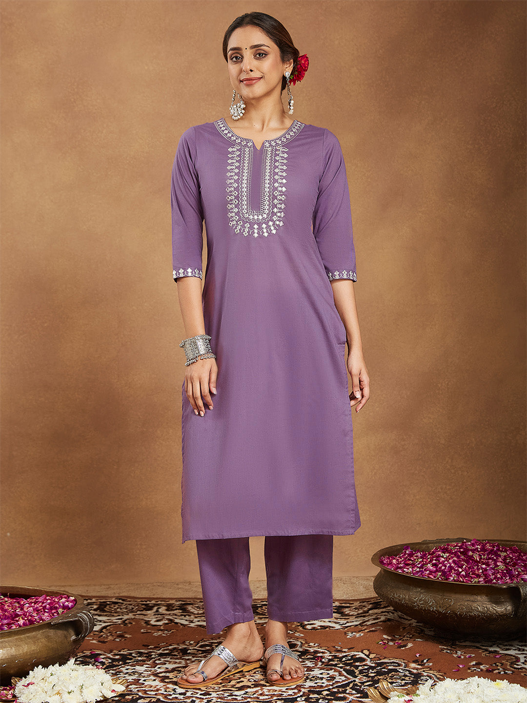 Janasya Women's Lavender Pure Cotton Yoke Embroidered Straight Kurta Pant Set