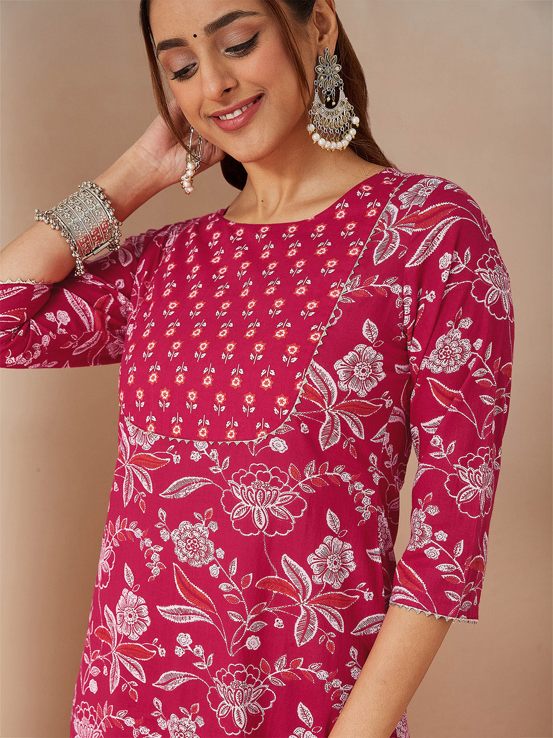 Janasya Women's Magenta Pink Pure Cotton Floral Printed Straight Kurta Pant Set