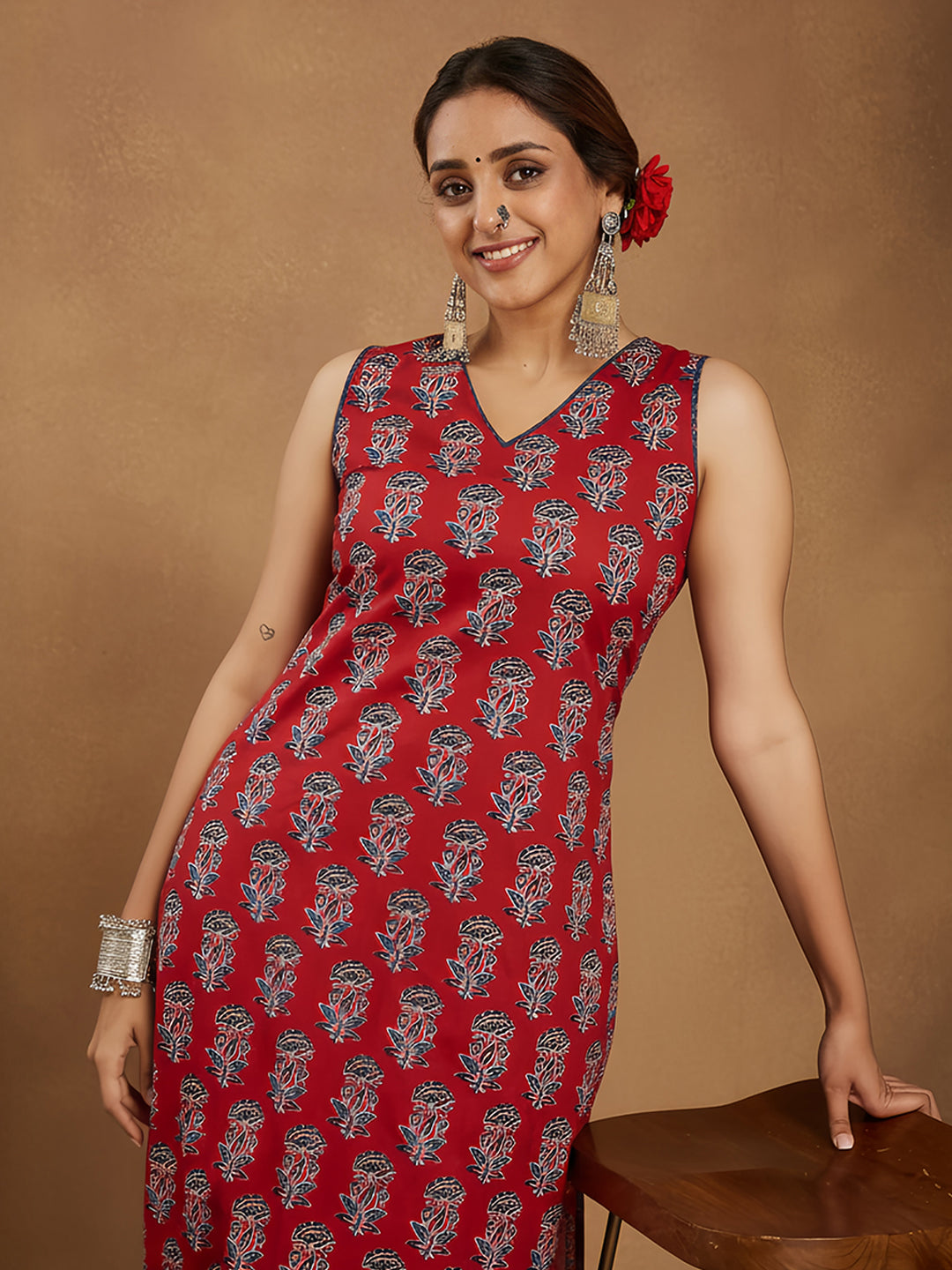 Janasya Women's Maroon Pure Cotton Floral Printed Straight Kurta Pant Set