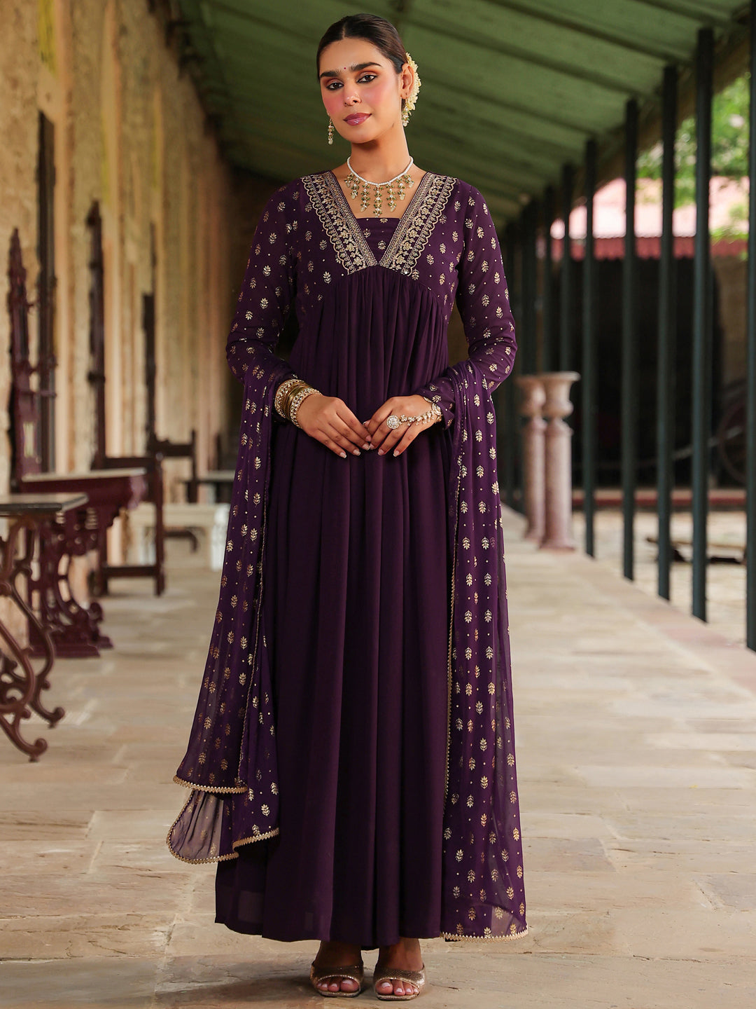 Janasya Women's Purple Georgette Embellished Foil Printed Gathered Kurta With Dupatta Set