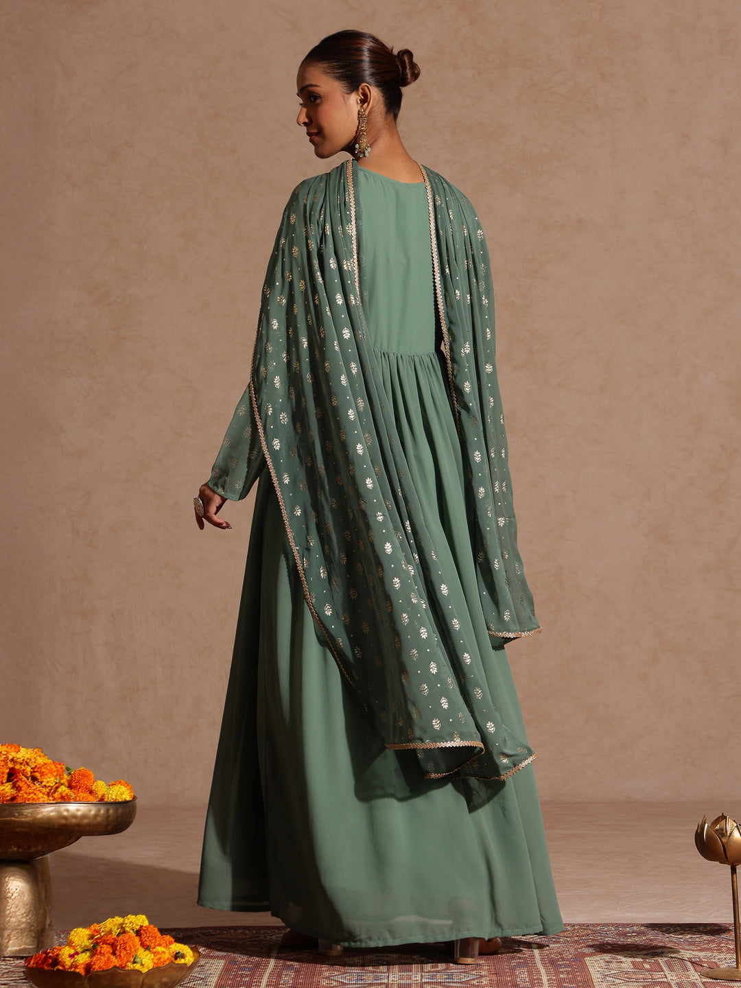 Janasya Women's Sage Green Georgette Embellished Foil Printed Gathered Kurta With Dupatta Set