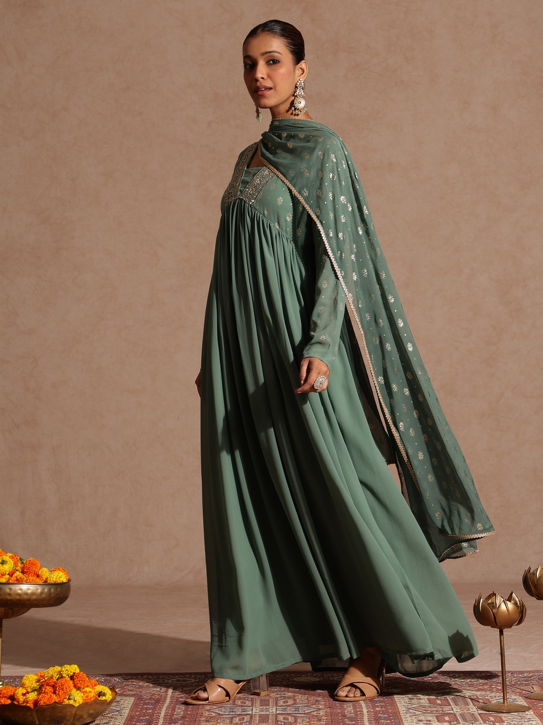 Janasya Women's Sage Green Georgette Embellished Foil Printed Gathered Kurta With Dupatta Set
