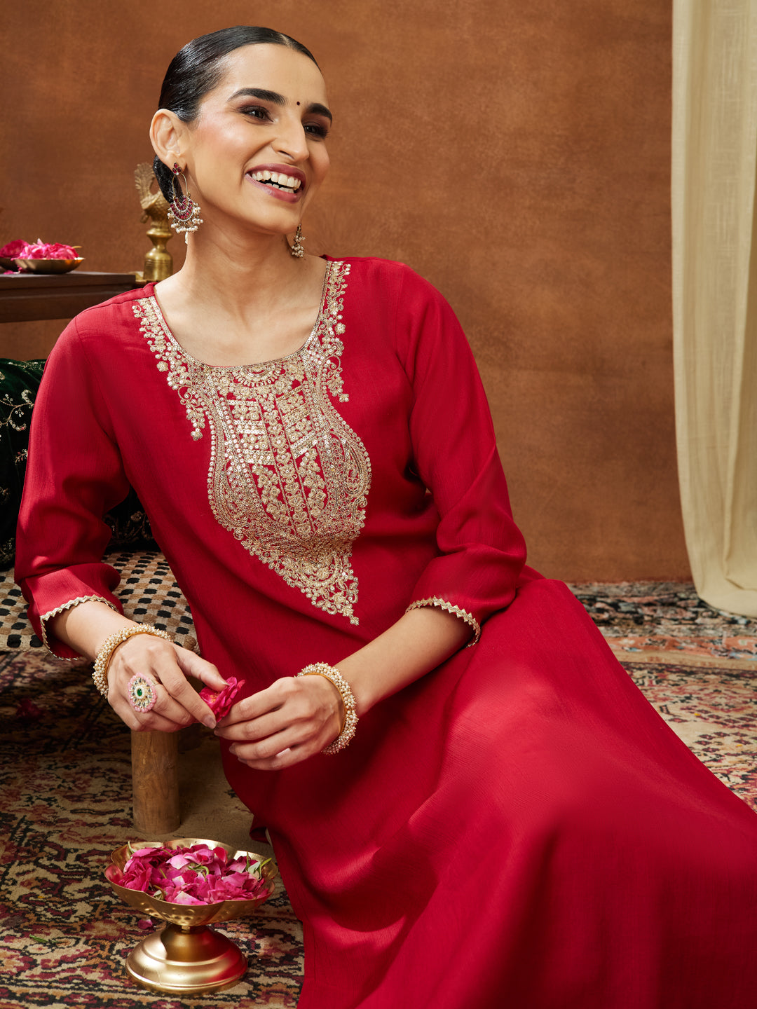 Janasya Women's Maroon Silk Blend Yoke Embroidered Straight Kurta