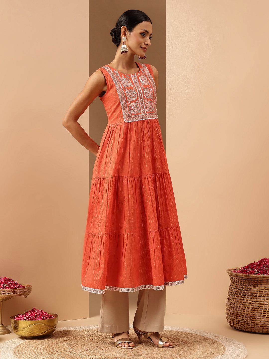 Janasya Women's Orange Pure Cotton Yoke Embroidered Tiered Kurta