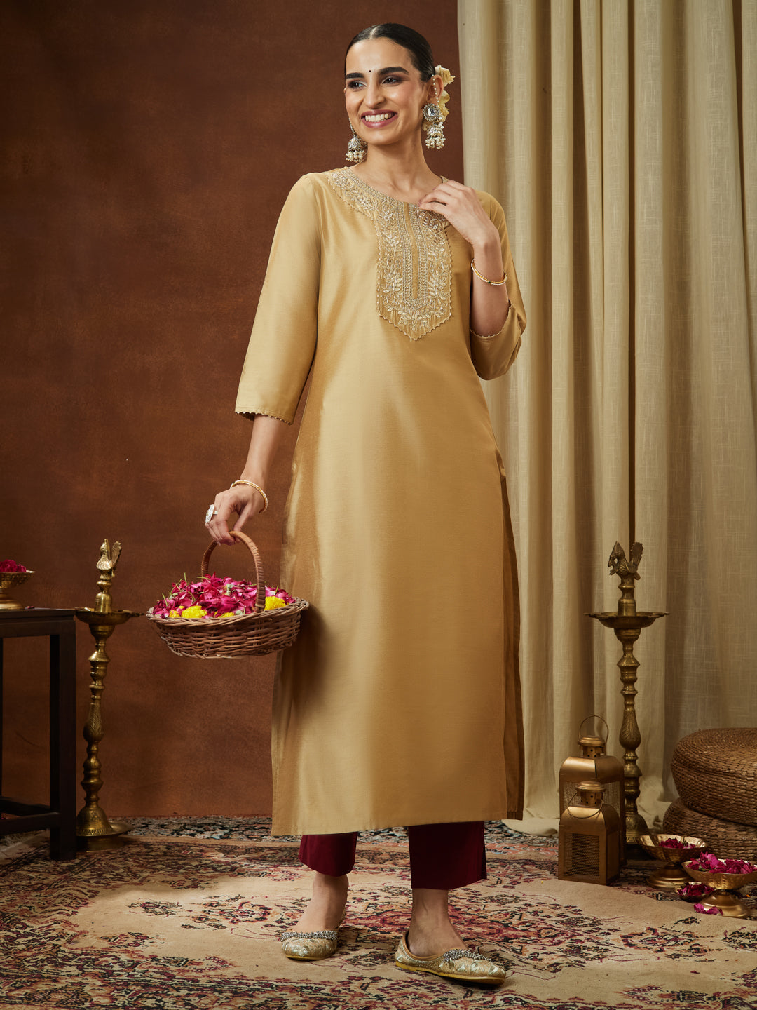 Janasya Women's Beige Chanderi Silk Zari Yoke Embroidered Straight Kurta