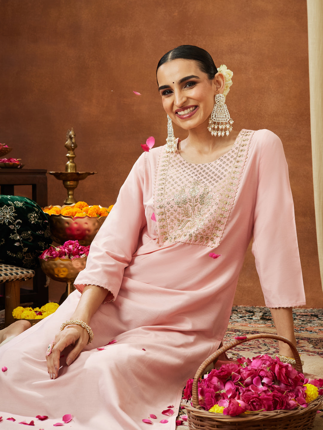 Janasya Women's Light Pink Chanderi Silk Yoke Embroidered Straight Kurta