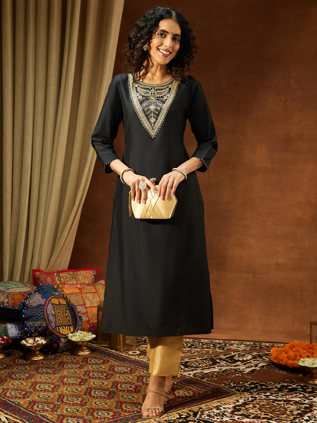 Janasya Women's Black Chanderi Silk Yoke Embroidered Straight Kurta