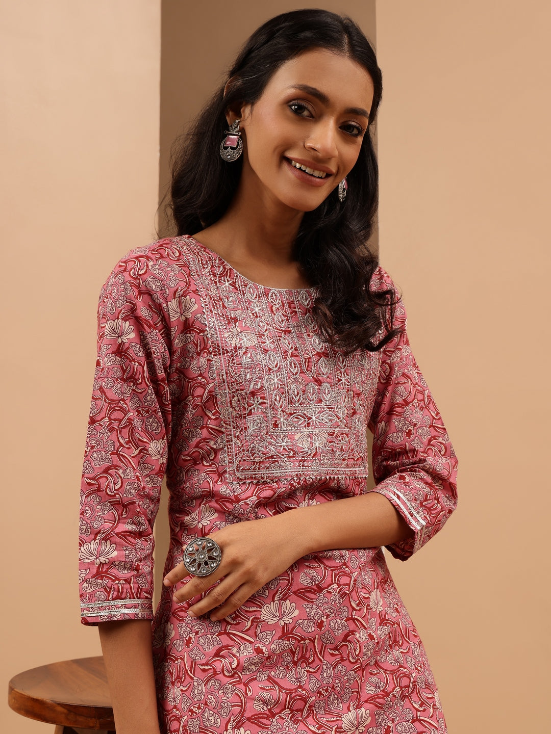 Janasya Women's Pink Pure Cotton Yoke Embroidered Straight Kurta