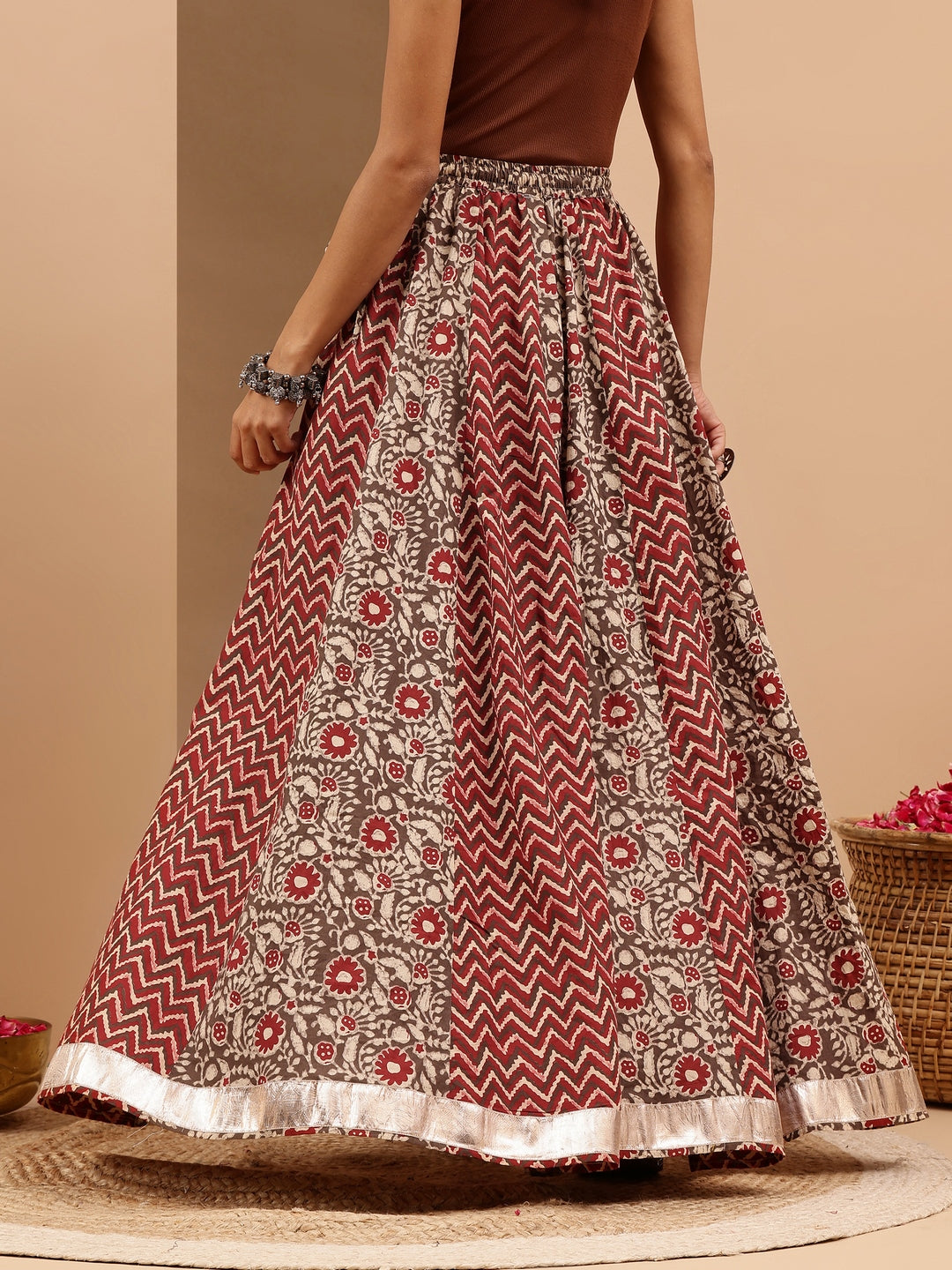 Janasya Women's Maroon Pure Cotton Ethnic Printed Flared Skirt