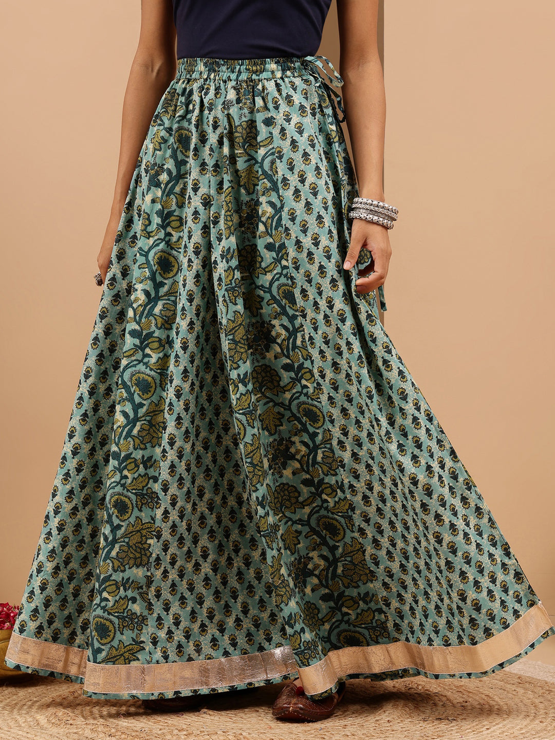Janasya Women's Aqua Green Pure Cotton Floral Printed Skirt