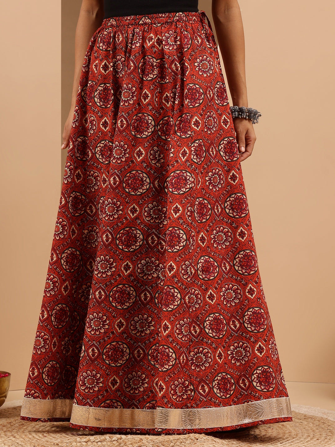 Janasya Women's Rust Pure Cotton Floral Printed Flared Skirt