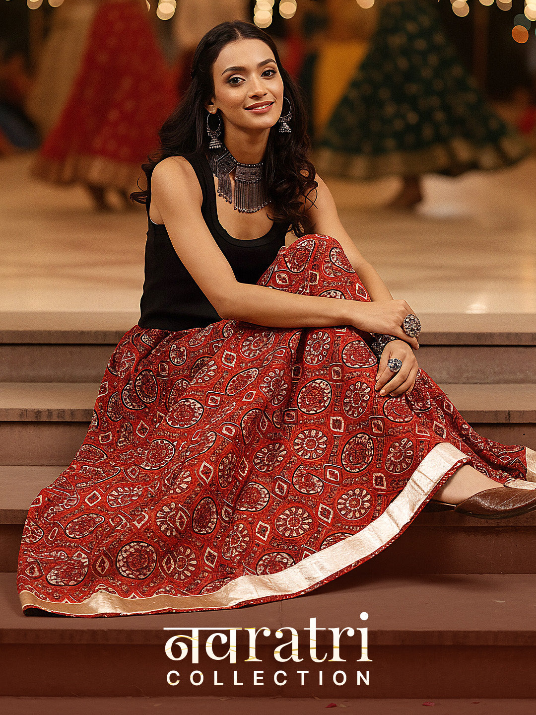 Janasya Women's Rust Pure Cotton Floral Printed Flared Skirt