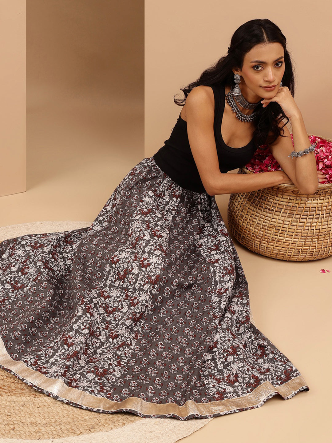 Janasya Women's Grey Pure Cotton Floral Printed Flared Skirts