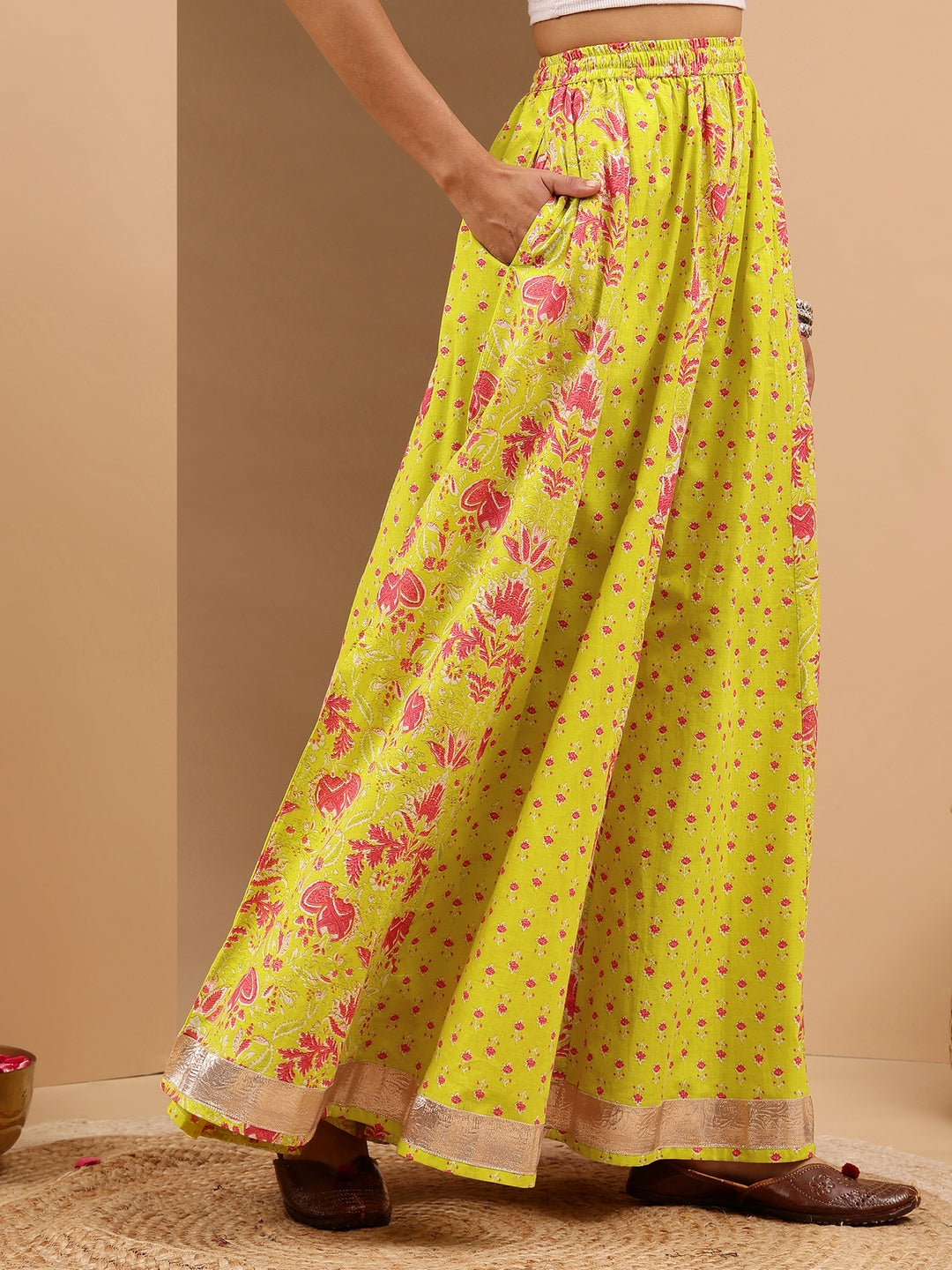 Janasya Women's Lime Yellow Pure Cotton Ethnic Printed Flared Skirt