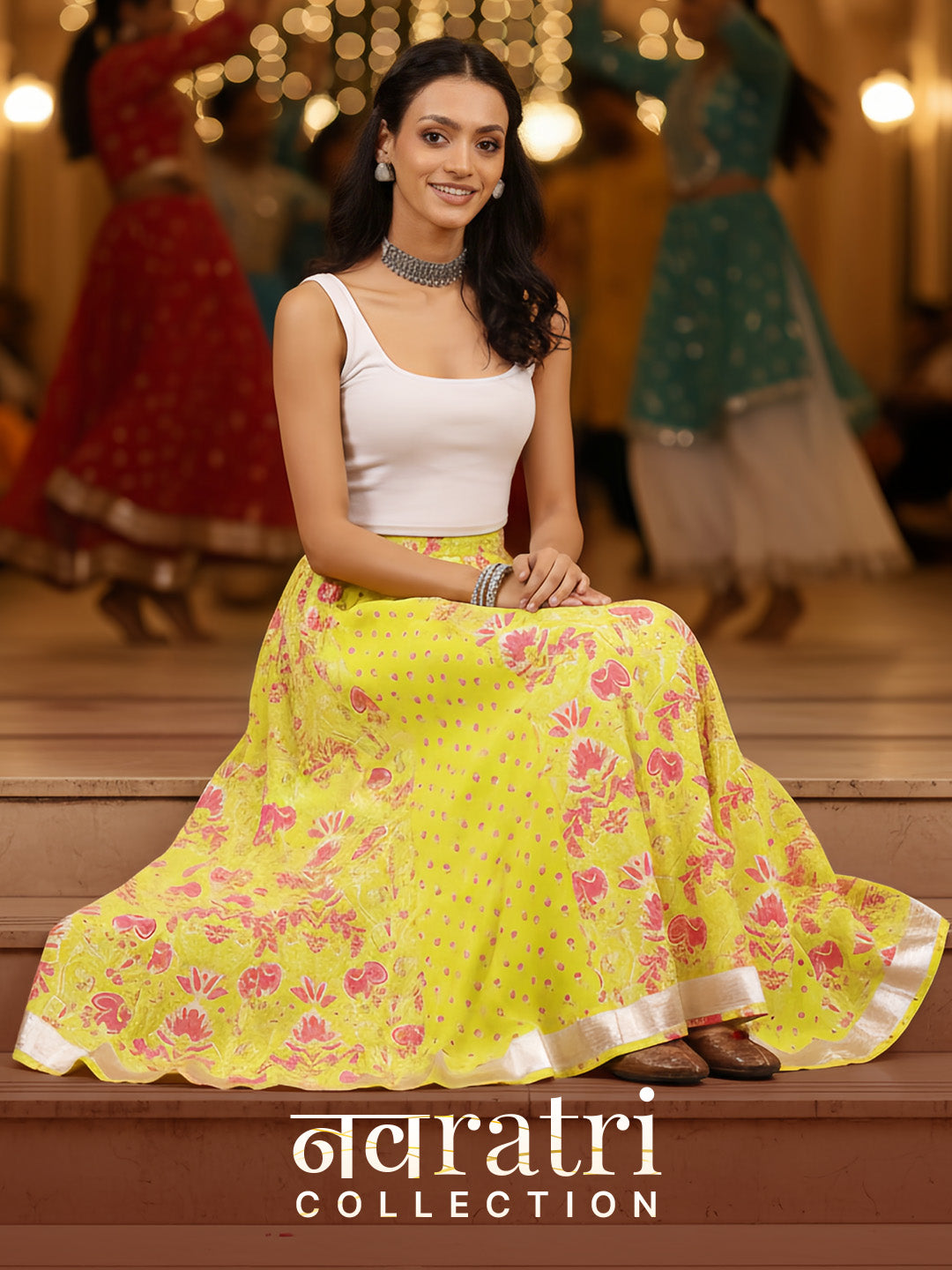 Janasya Women's Lime Yellow Pure Cotton Ethnic Printed Flared Skirt