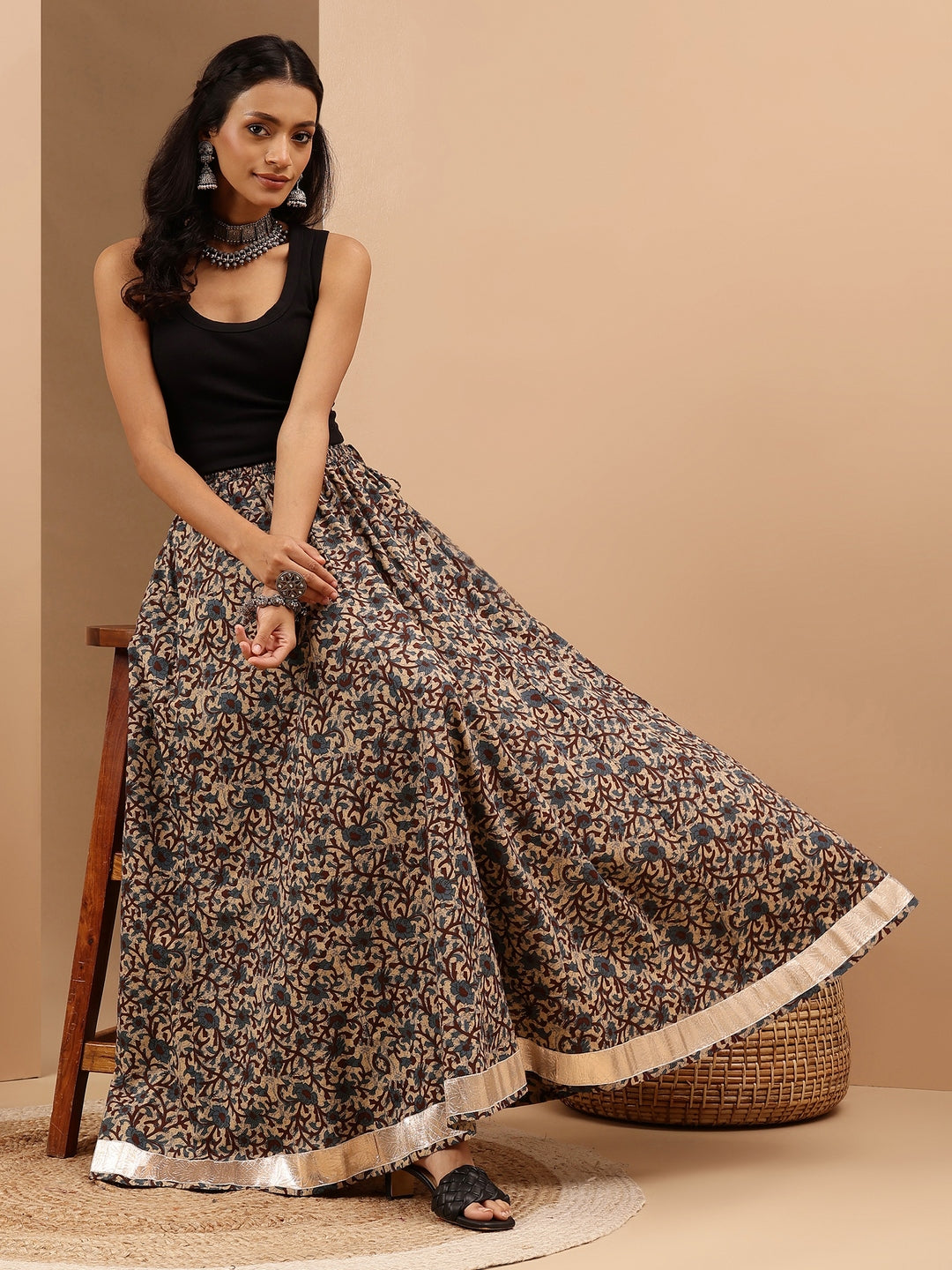 Janasya Women's Beige Pure Cotton Floral Printed Flared Skirt