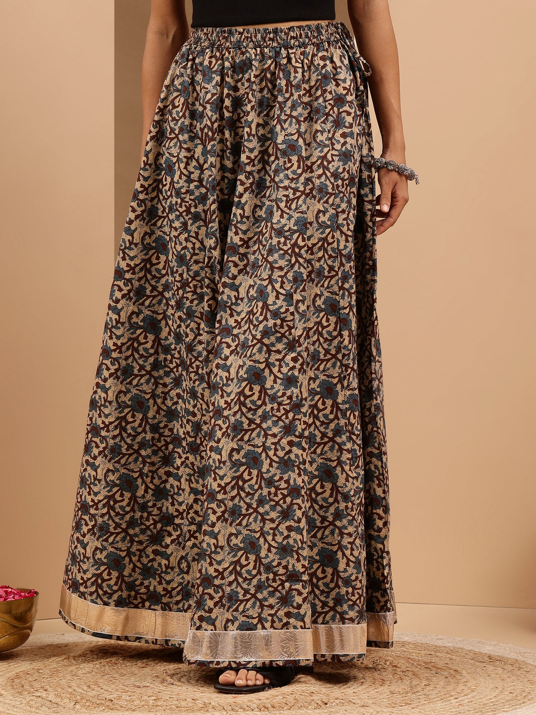 Janasya Women's Beige Pure Cotton Floral Printed Flared Skirt