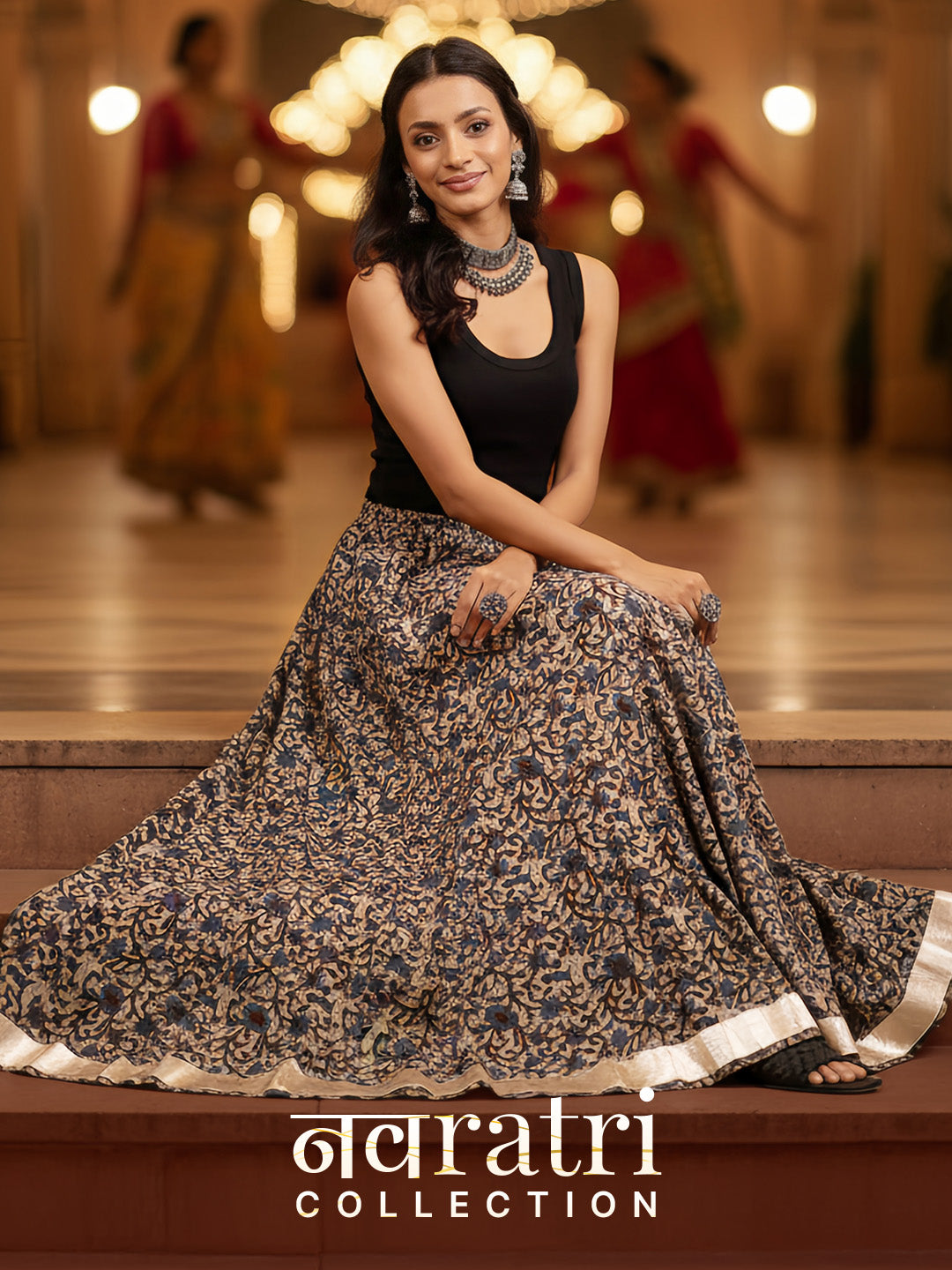 Janasya Women's Beige Pure Cotton Floral Printed Flared Skirt