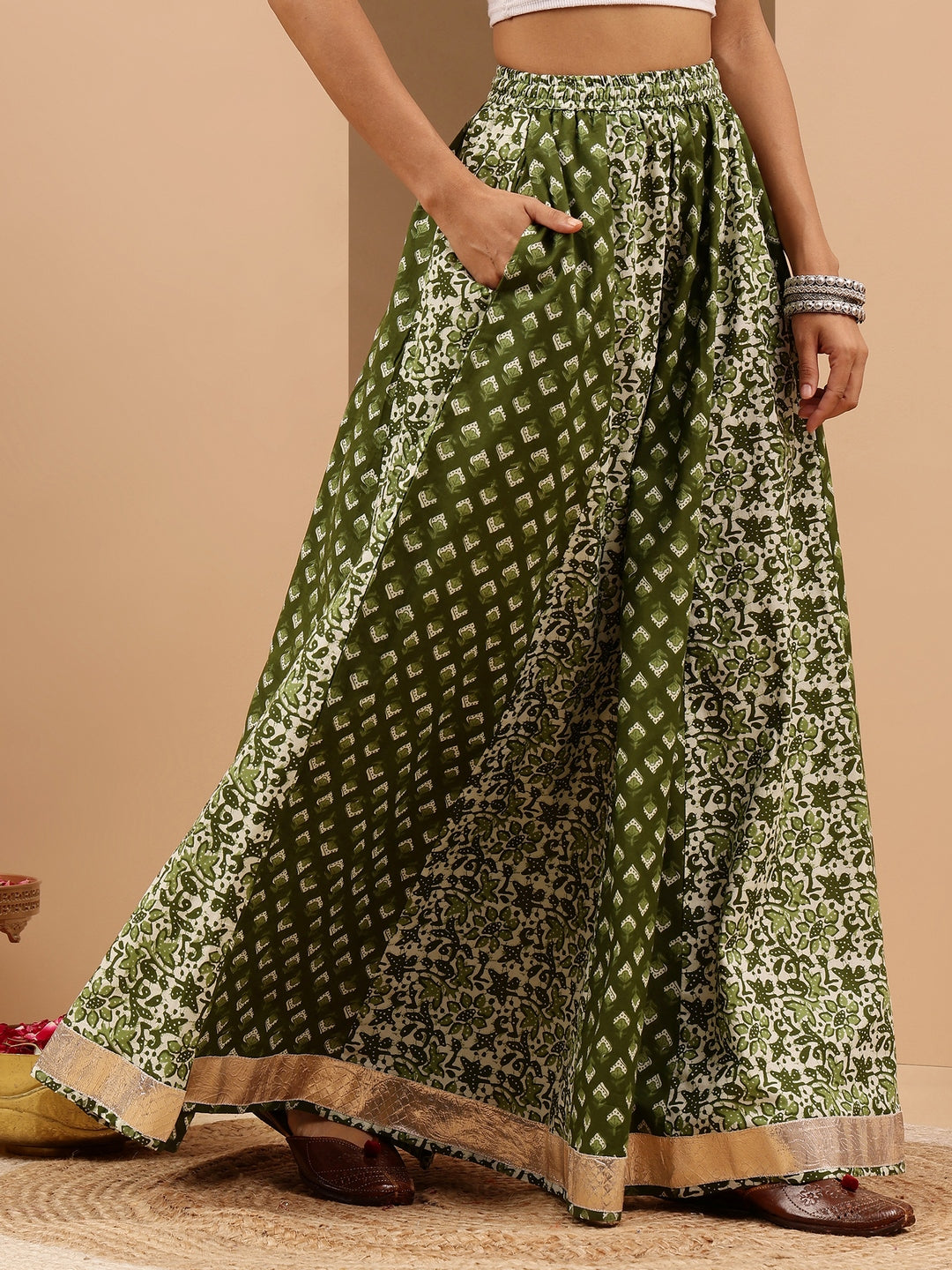 Janasya Women's Green Pure Cotton Ethnic Motifs Printed Flared Skirt