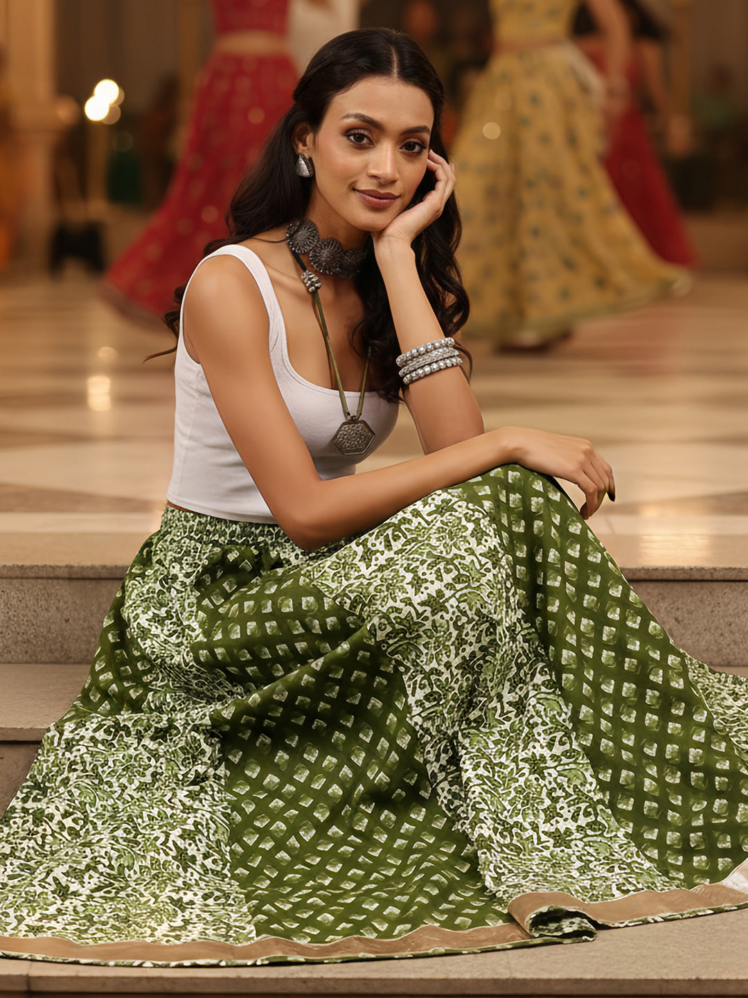Janasya Women's Green Pure Cotton Ethnic Motifs Printed Flared Skirt