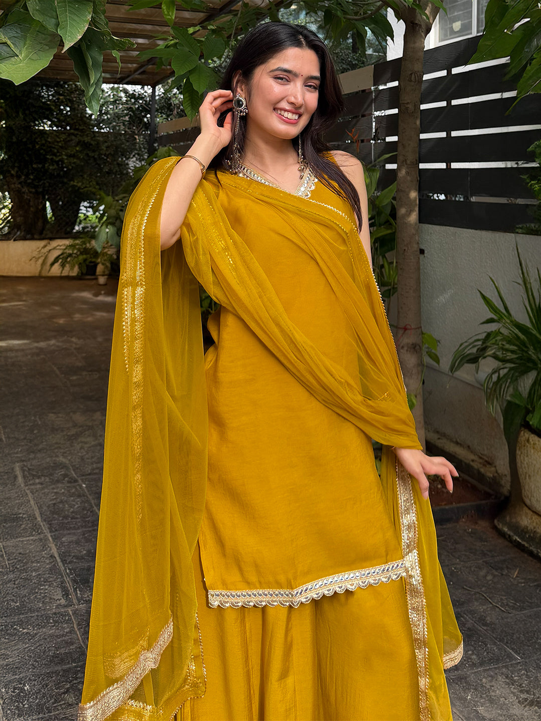 Janasya Women's Yellow Chanderi Silk Embellished Straight Kurta With Sharara and Dupatta Set