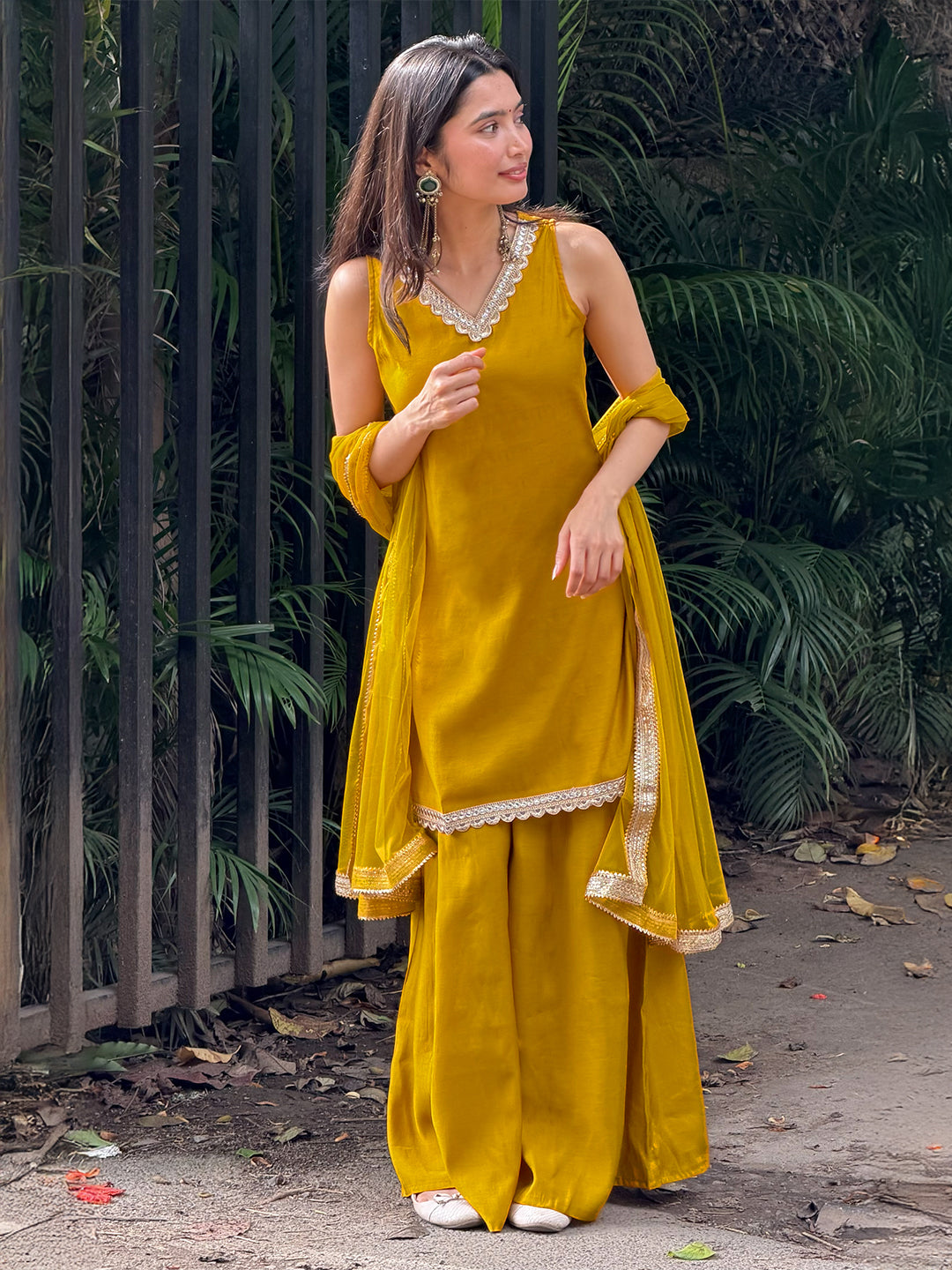 Janasya Women's Yellow Chanderi Silk Embellished Straight Kurta With Sharara and Dupatta Set