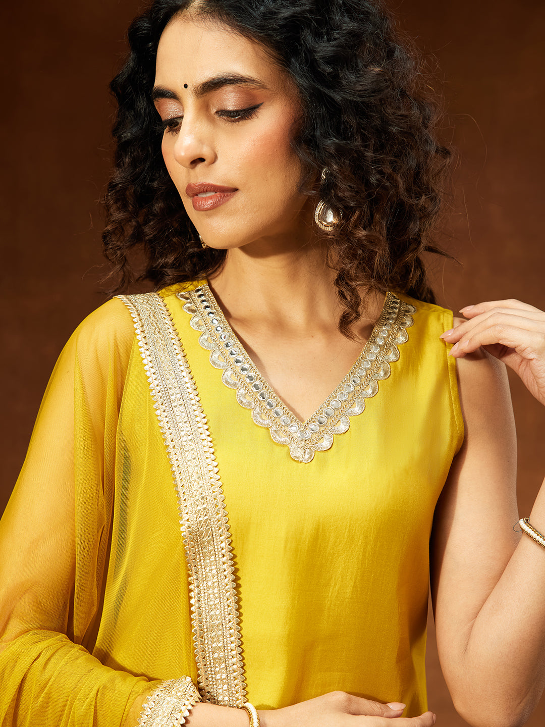 Janasya Women's Yellow Chanderi Silk Embellished Straight Kurta With Sharara & Dupatta Set