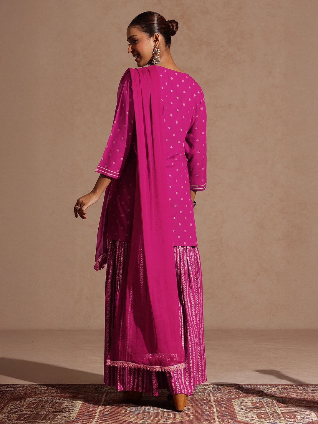 Janasya Women's Pink Rayon Gold Foil Printed Kurti With Sharara & Dupatta Set