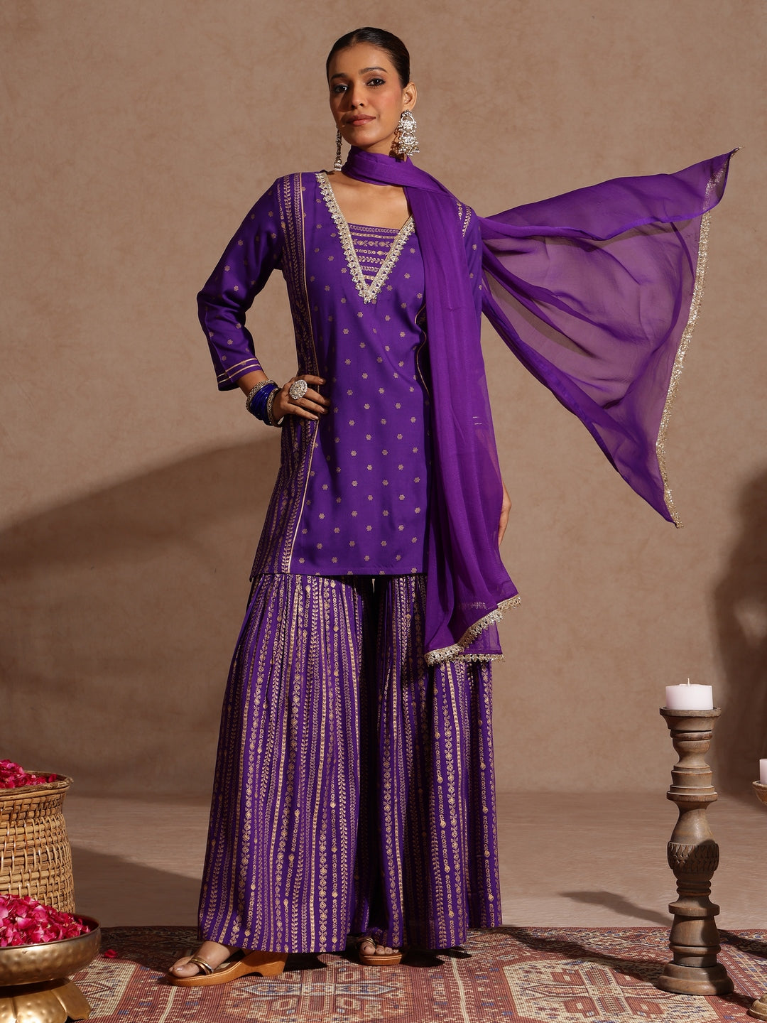 Janasya Women's Purple Rayon Gold Printed Short Kurti With Sharara & Dupatta Set