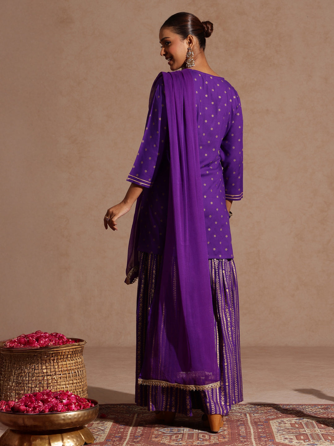 Janasya Women's Purple Rayon Gold Printed Short Kurti With Sharara & Dupatta Set
