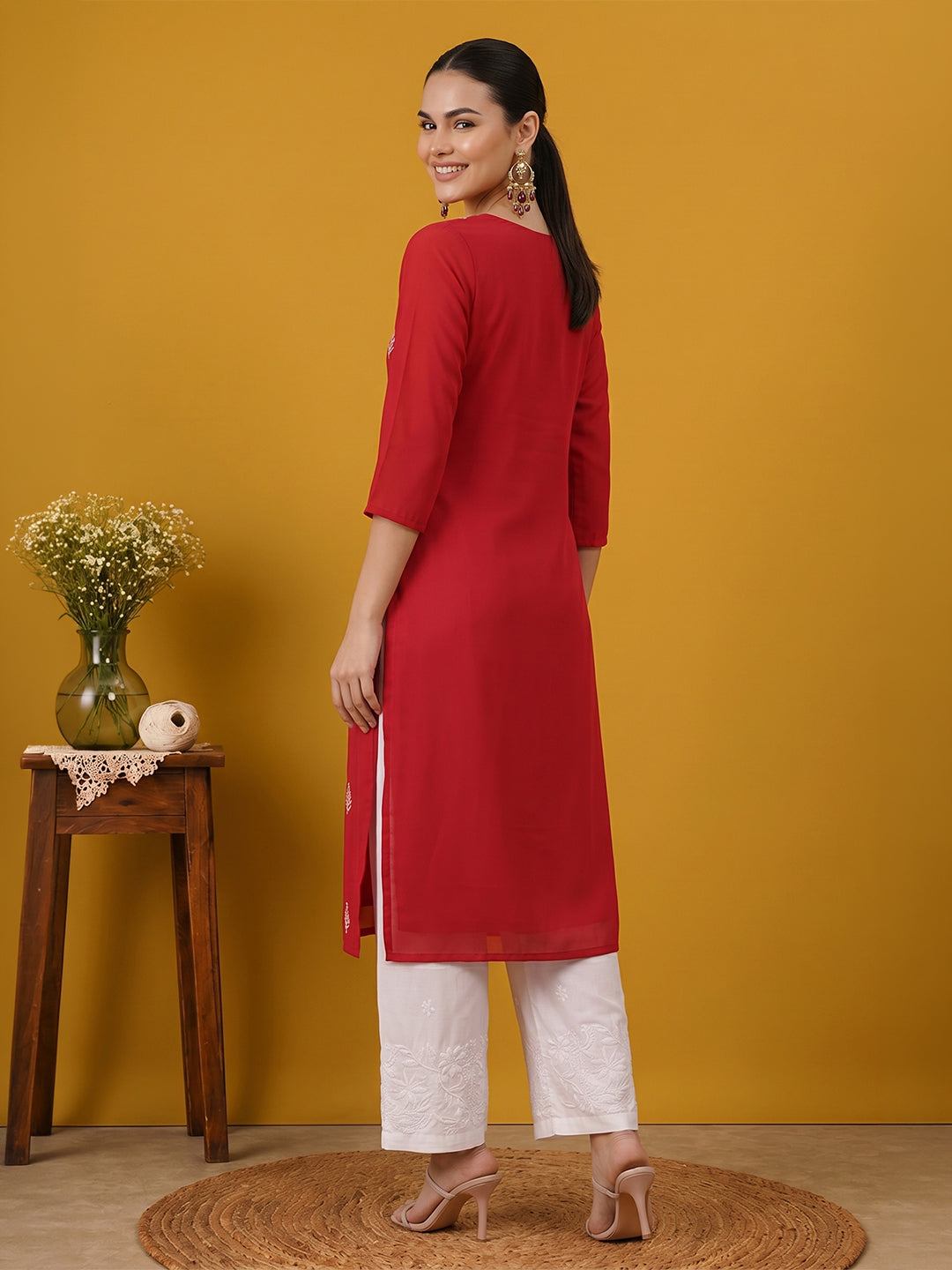 Janasya Women's Maroon Georgette Embroidered Straight Kurta