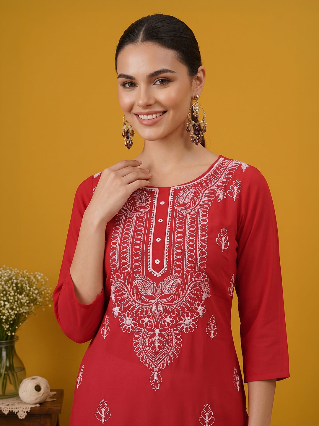 Janasya Women's Maroon Georgette Embroidered Straight Kurta
