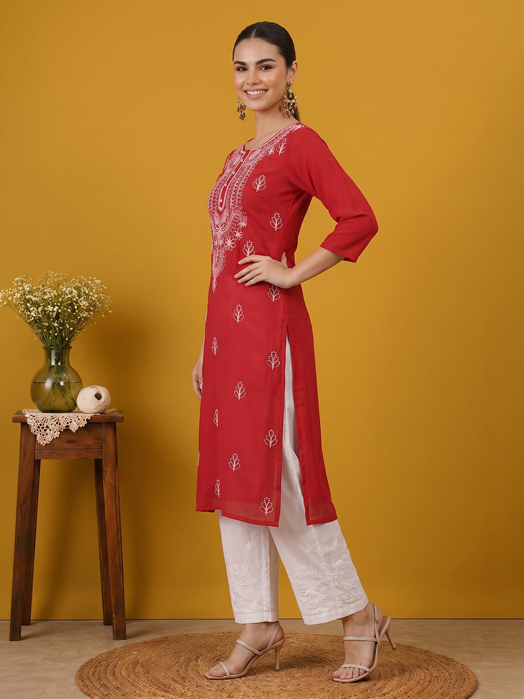 Janasya Women's Maroon Georgette Embroidered Straight Kurta