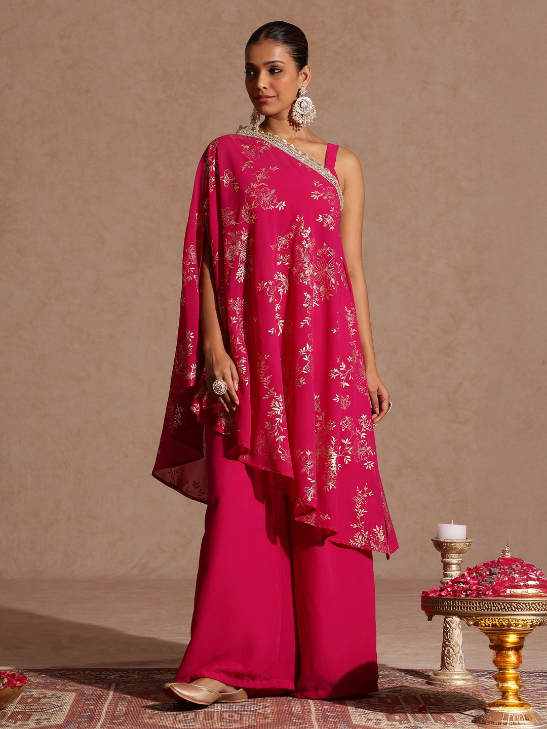 Janasya Women's Pink Embellished Gold Printed Crop Top With Palazzo & Tie-up Cape Set