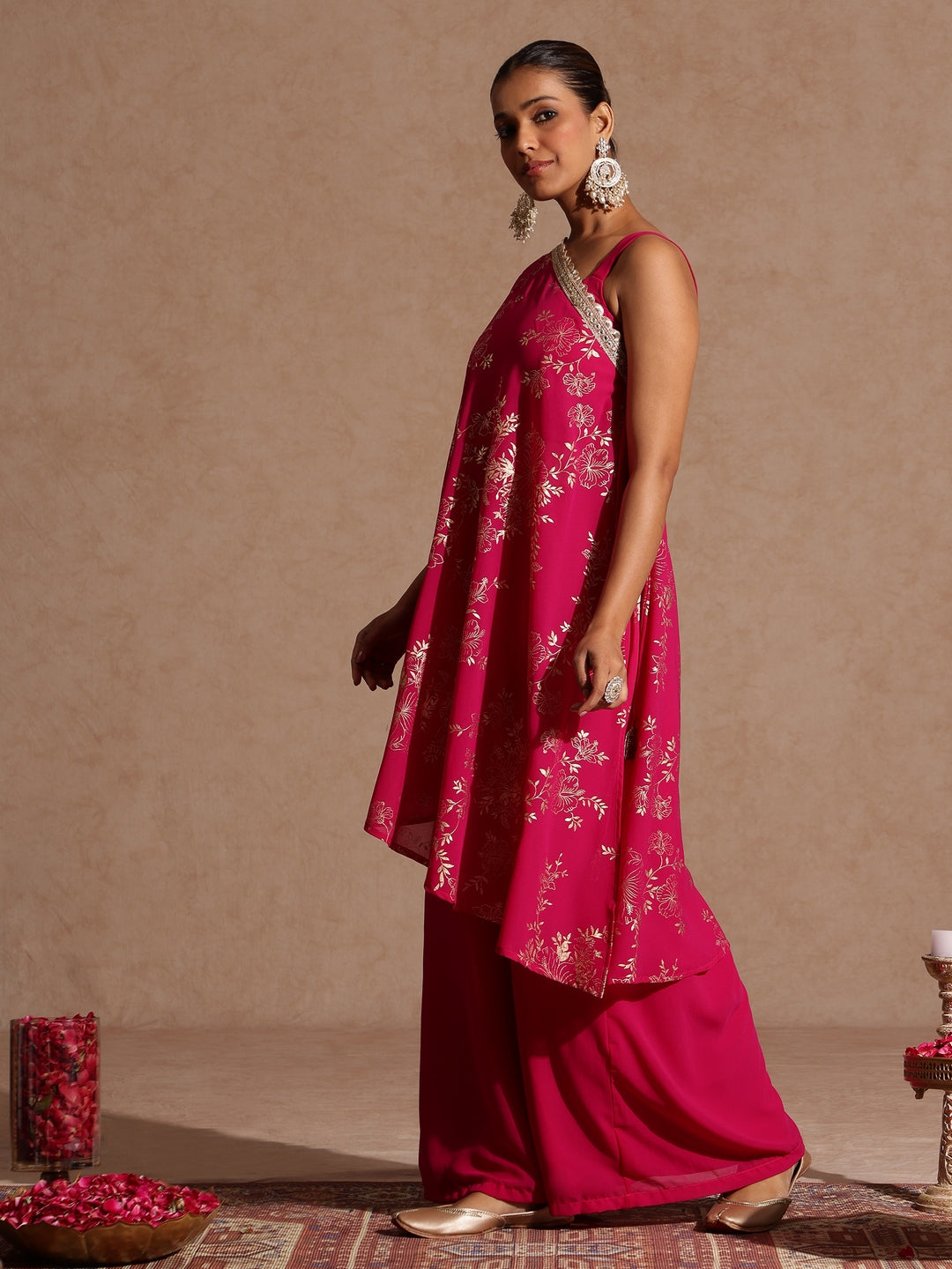 Janasya Women's Pink Embellished Gold Printed Crop Top With Palazzo & Tie-up Cape Set